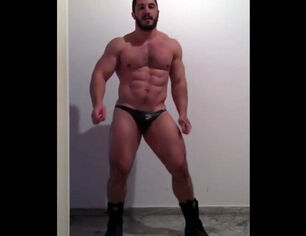Bearded grizzly dancing in underpants in front of web cam